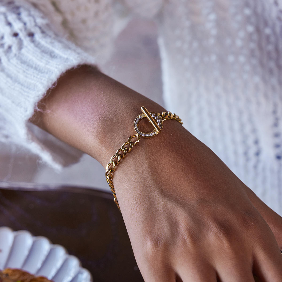 Second image of European American Luxury High-End Handmade Stainless Steel Cuff Bracelet for Women Titanium Steel Zirconium OT Clasp Fashion