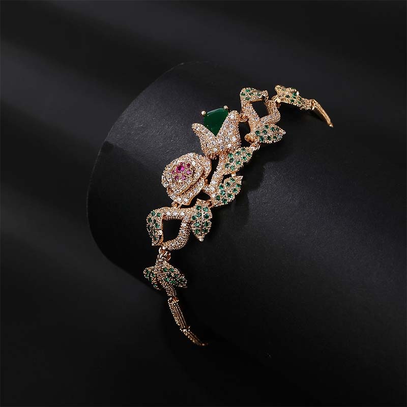 Gilded Full-Diamond Rose Vine Wide Bracelet