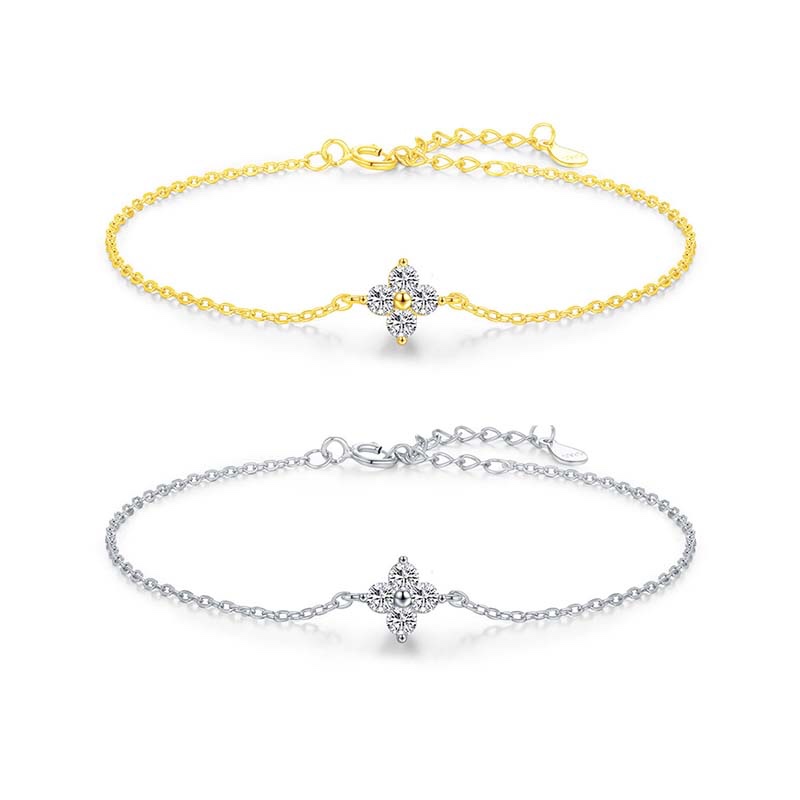 Four-Leaf Flower Diamond-Accented Dainty Chain Bracelet