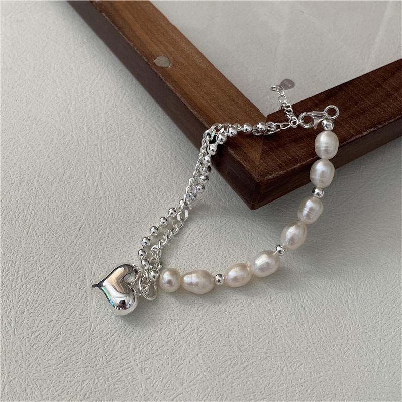 Pearl & Metal Chain Bracelet with Heart Pendant,