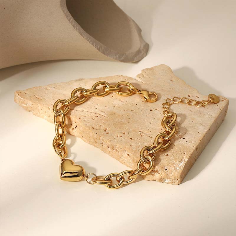 Second image of gold chunky chain heart bracelet