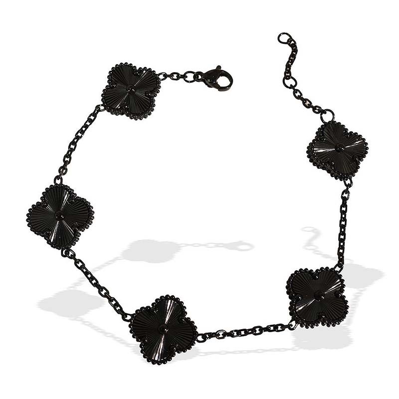black four-leaf clover-themed metal bracelet