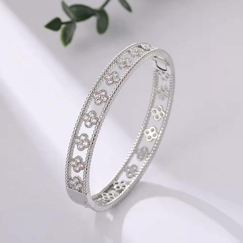 Second image of four-leaf clover full-diamond thin-band clasp bangle