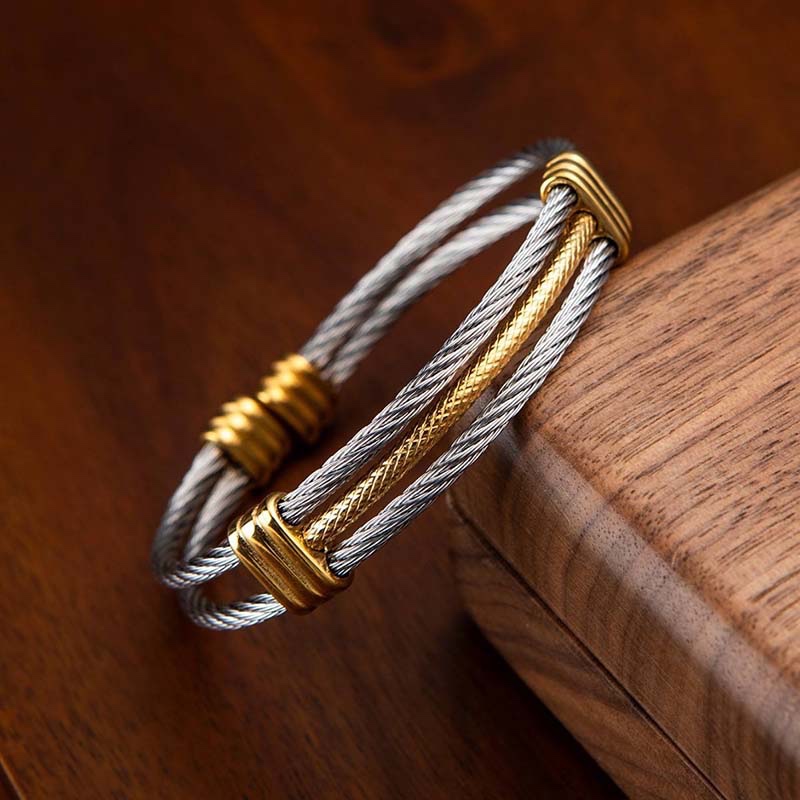 Second image of Double-Strand Steel Cable Color-Block Open Bangle