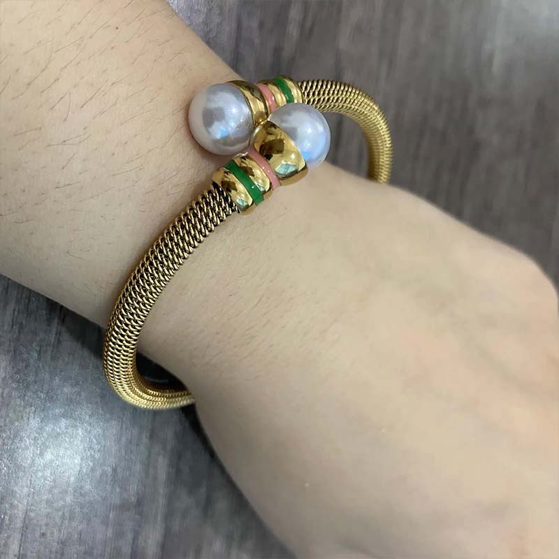 Second image of Pearl & Colored Ring Metal Cable/Mesh Bracelet