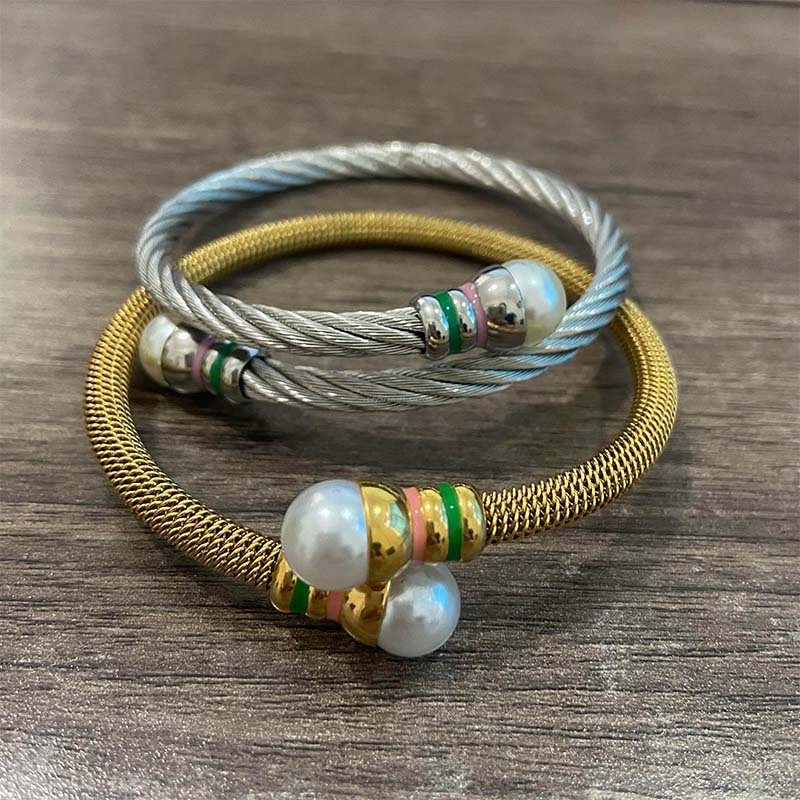 Pearl & Colored Ring Metal Cable/Mesh Bracelet
