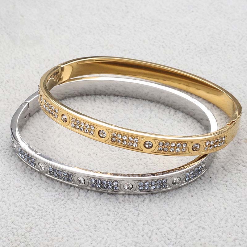 Fully Diamond-Inlaid Textured Metal Open Bangle
