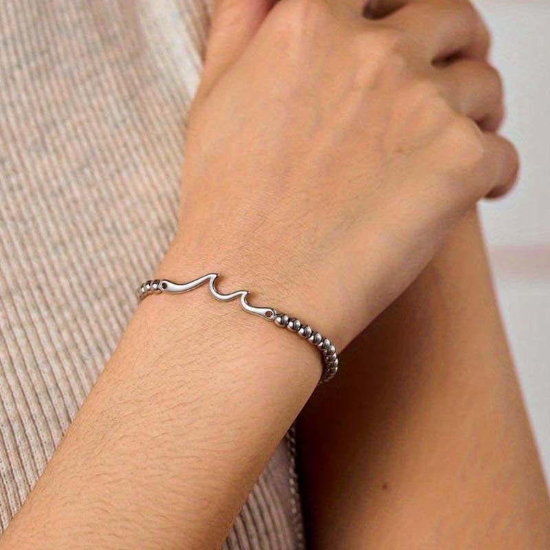 Wave-Accented Beaded Slim Chain Bracelet