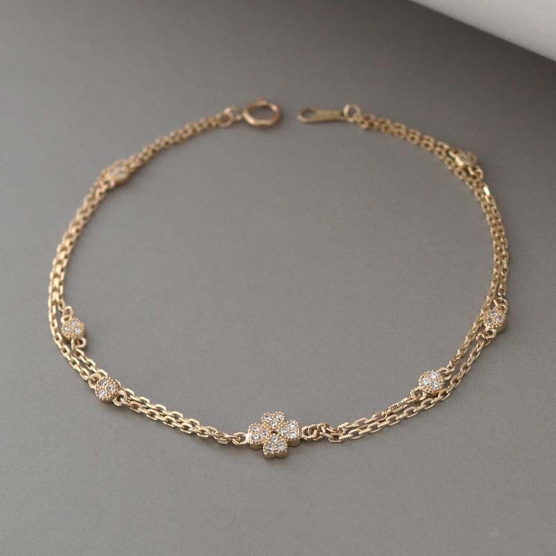 Double-Chain Four-Leaf Flower Diamond-Embedded Bracelet