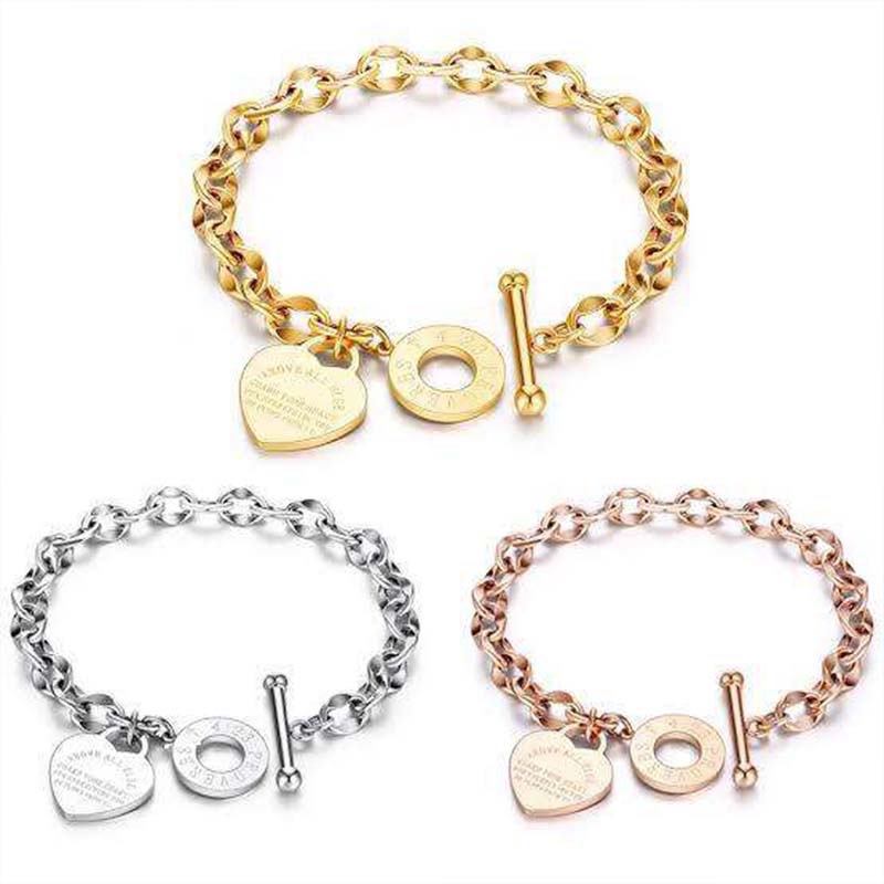 Engraved Heart & Circle Chain Bracelet Set