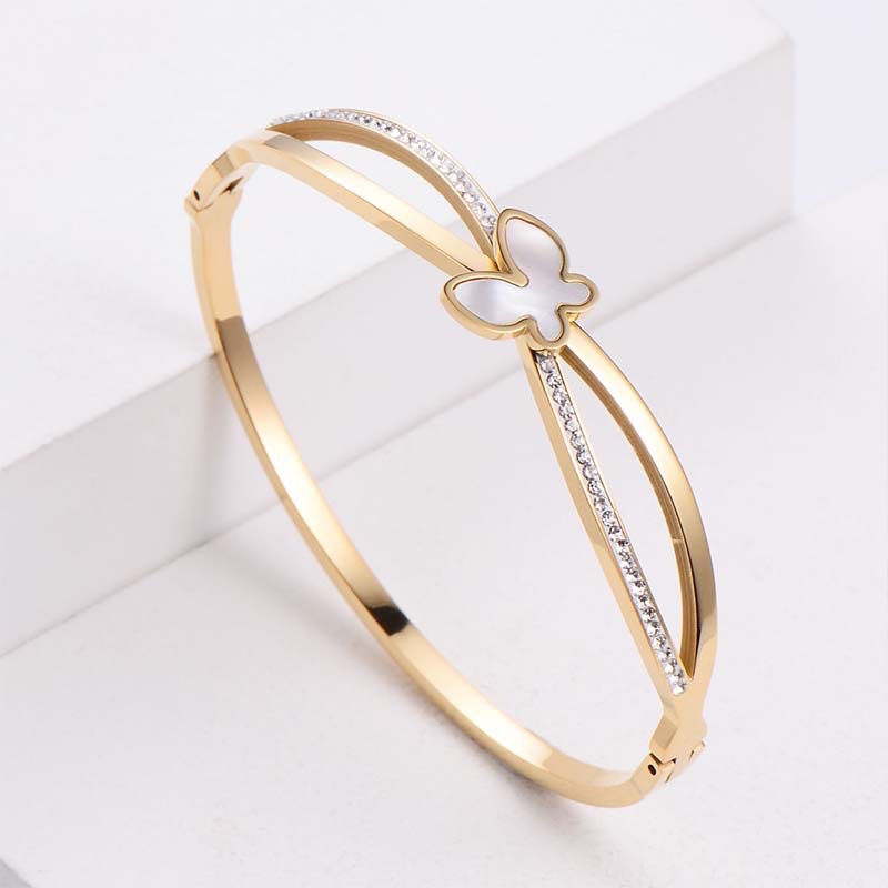 Double-Layer Gilded Bracelet with Mother-of-Pearl Butterfly & Diamond Accents